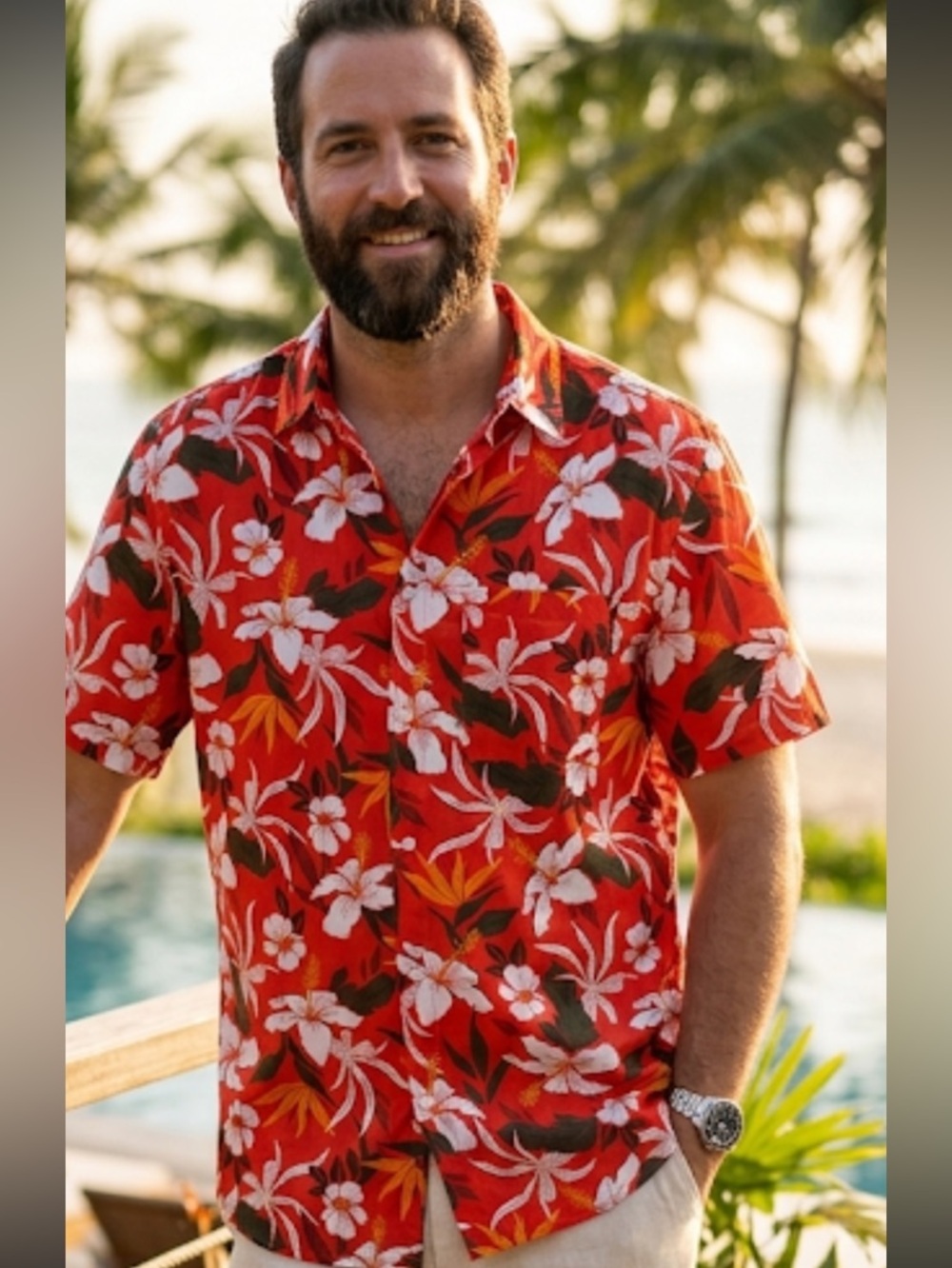 H&M Red Floral Short-Sleeve Button-Down Shirt Size L